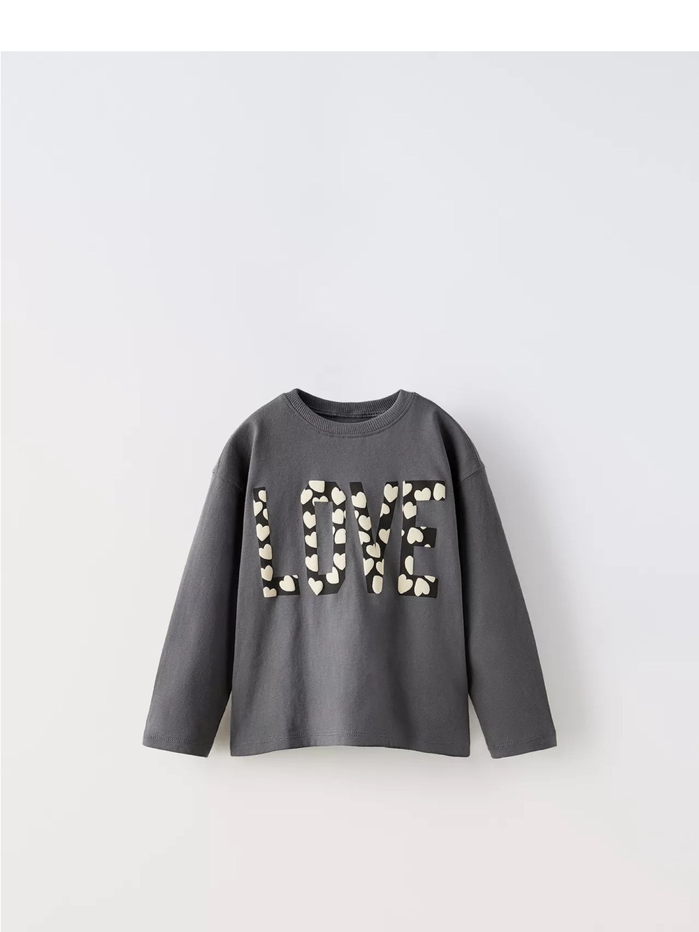 Zara Kids Long Sleeve Tee in Charcoal Gray with Cream Heart 'LOVE' Graphic